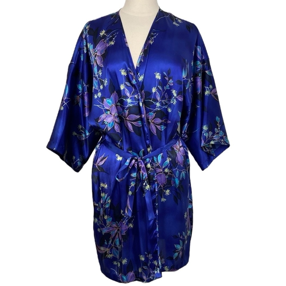 Satin Floral Print Kimono Style Short Robe